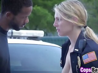 Two busty female slutty cops enjoyed BBC of their suspect